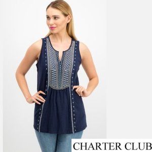 Charter Club Women Embroidered Sleeveless Intrepid Blue Blouse Size Medium NEW